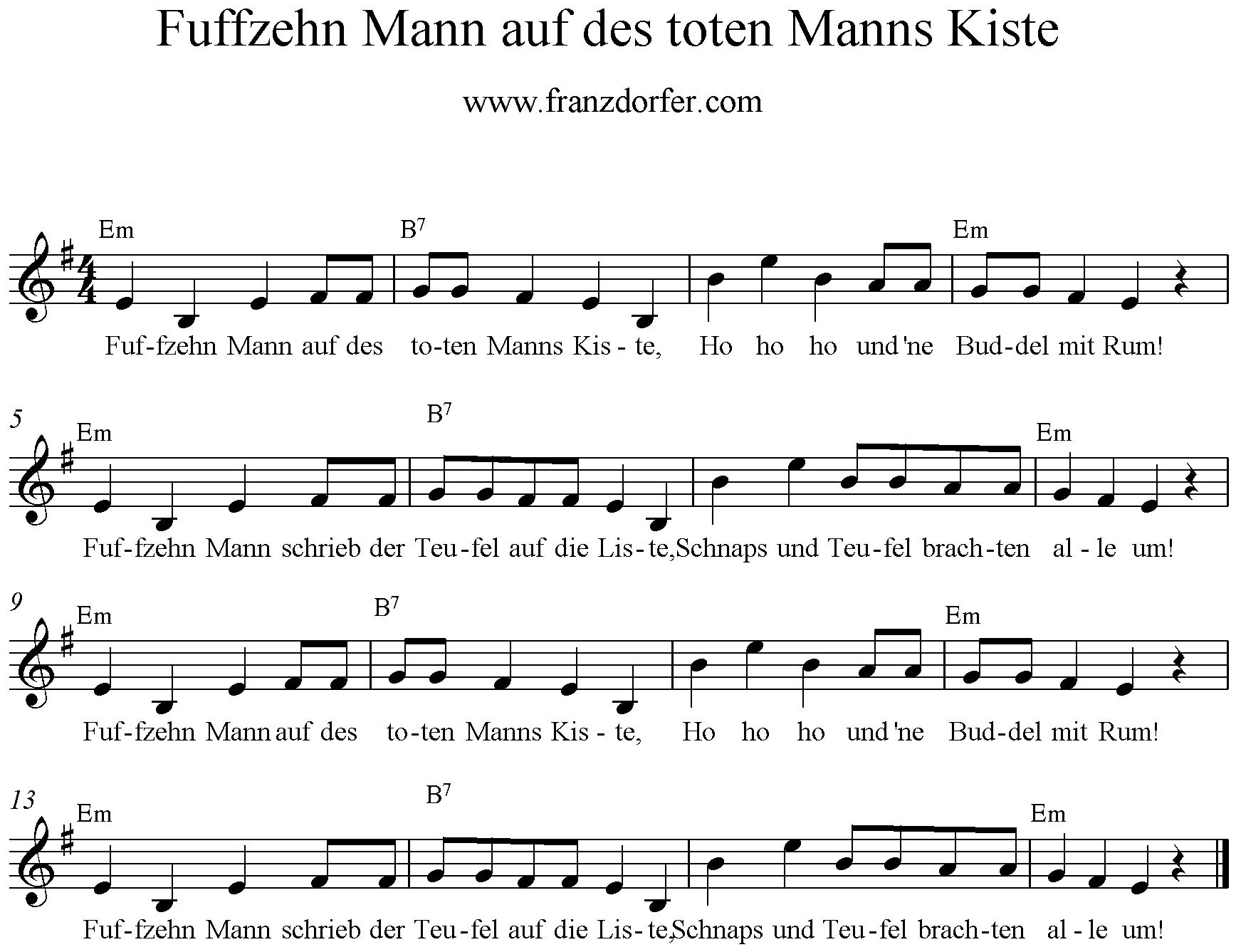 Noten Fuffzehn Mann auf des toten Manns Kiste